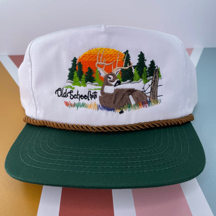 Old School Deer Scenery Vintage White Crown Green Brim SnapBack Hat Ca –  Old School Hats