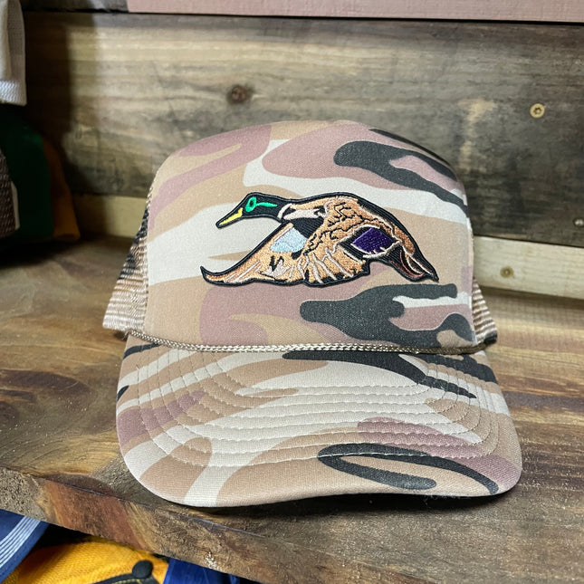 Custom Mallard Duck Vintage Patch Woodland Camo Rope Mesh Trucker Snapback Cap Hat