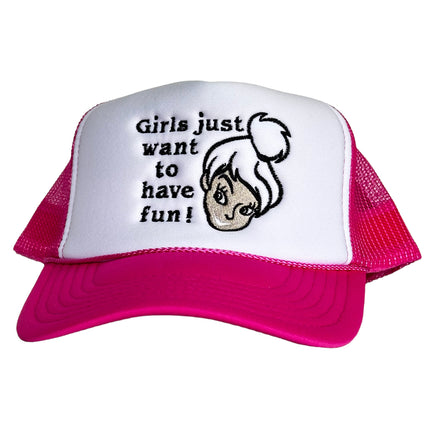 GIRLS JUST WANT TO HAVE FUN Pink Mesh White Front Trucker SnapBack Cap Hat Custom Embroidered