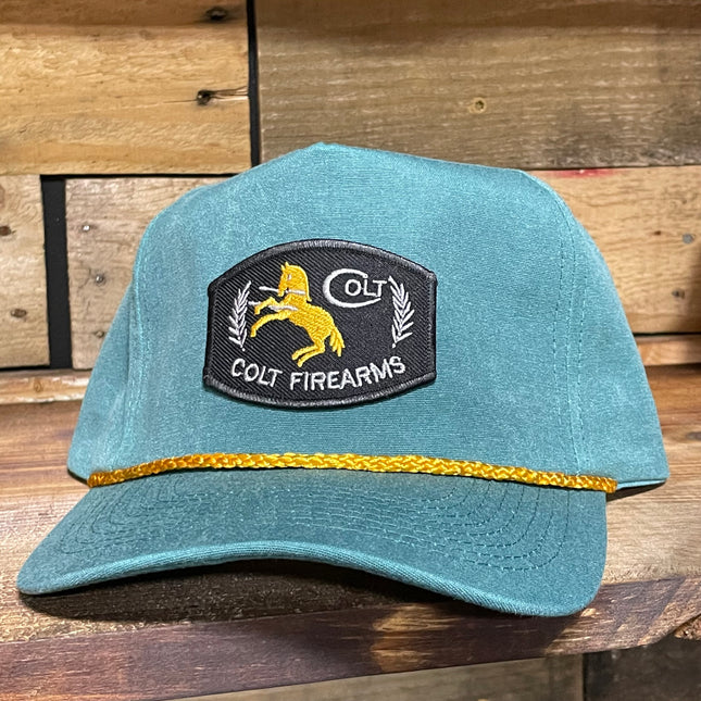 Custom Colt Firearms patch Curve Brim Rope Stonewash Green Snapback Cap Hat