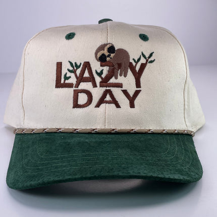 National LAZY DAY Vintage Green Suede Brim Snapback Cap Hat With