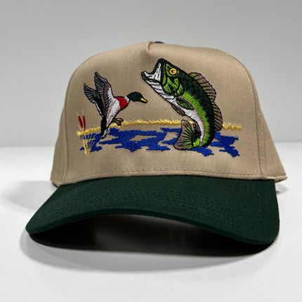 BASS FISHING & Mallard Duck Tan Trucker SnapBack Cap Hat Hunting