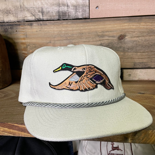 Custom Mallard Duck patch Vintage Stone Grey Mid Crown Rope Golf Strapback Cap Hat