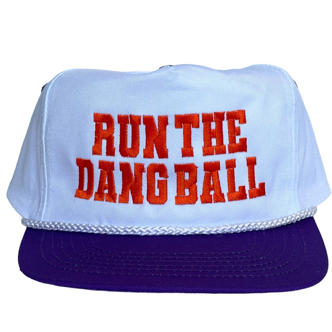 RUN THE DANG BALL Orange and Purple on a Vintage Rope Purple Brim Snapback Cap Hat Custom Embroidered