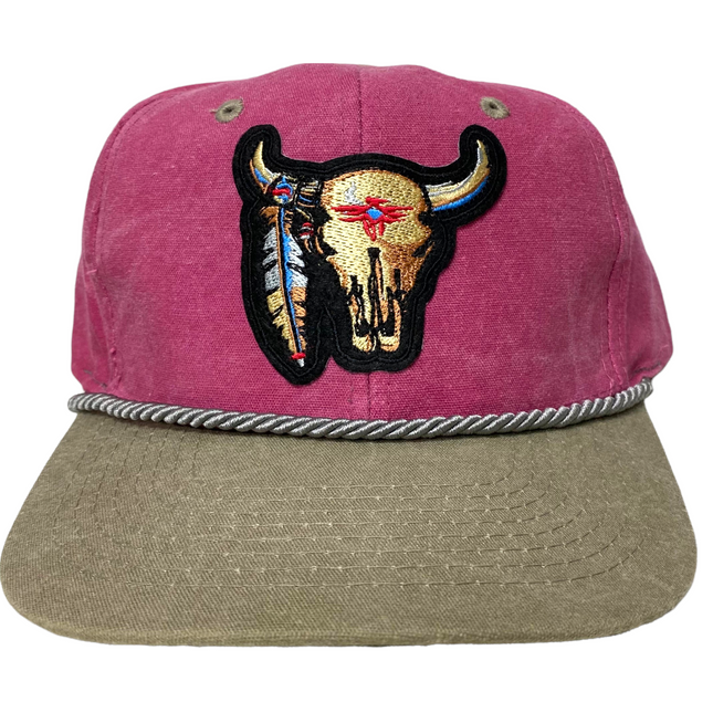 Custom Bull Skull patch Vintage Khaki Brim Pink Crown Snapback Hat Cap with Rope