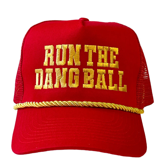 RUN THE DANG BALL Gold and Red on a Rope Mesh Trucker Snapback Cap Hat Custom Embroidered