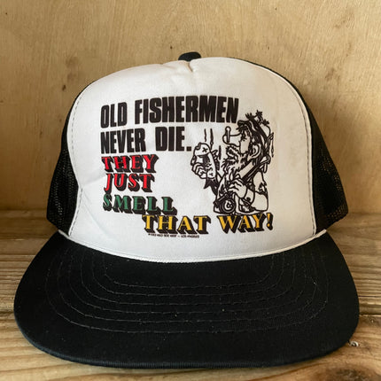 Vintage Old Fishermen Never Die Black Mesh Trucker SnapBack Hat Cap