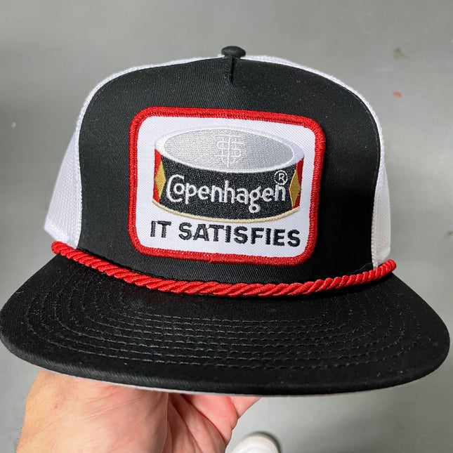 Custom Chew It Satisfies patch Red Rope White Mesh Trucker Snap Back Cap Hat