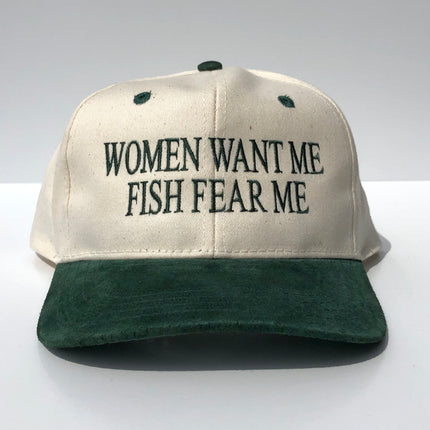 FISH WANT ME WOMEN FEAR ME Vintage Custom Embroidered Green Crown Strapback  Cap Hat
