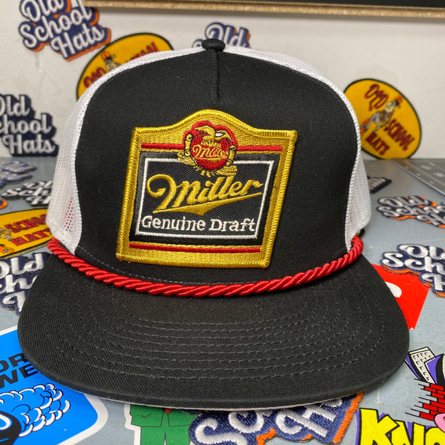 Custom Miller Genuine Draft Beer Vintage Patch Black Crown White Mesh Snapback Hat Cap with Red Rope