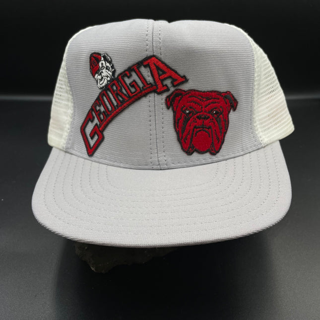 Custom Georgia bulldogs dawg University and Vintage Patch gray and white mesh Trucker snapback hat Ready to ship