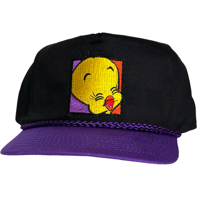 Custom Tweety Bird patch Vintage Black Crown Purple Brim ZipBack Hat Cap with rope