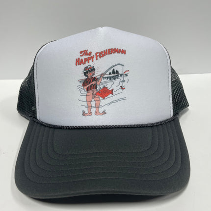 The Happy Fisherman on a Gray Mesh Trucker SnapBack Hat Cap Custom