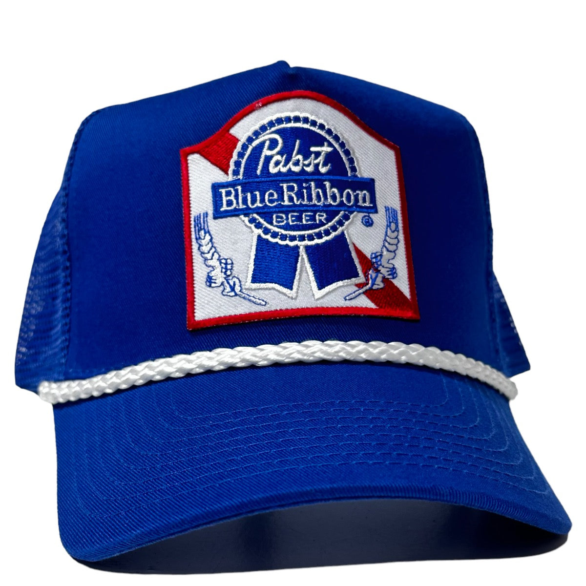 Custom Blue Ribbon Beer on a Vintage Blue Mesh Trucker SnapBack Hat Cap