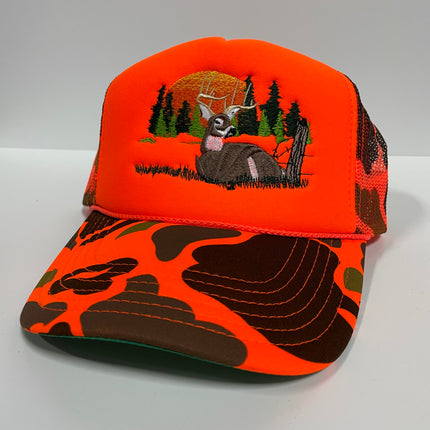 Vintage 80's Deadstock Bright Orange + Camouflage Hunting Hat / Snapback Mesh Cheese Grater Hat Cap
