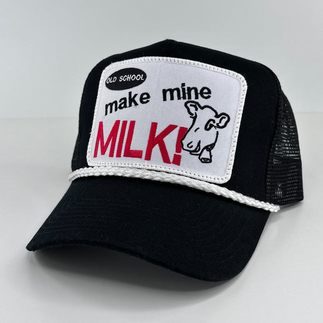 Custom OLD SCHOOL COW MILK patch Vintage Rope Black Mesh Trucker SnapBack Cap Hat